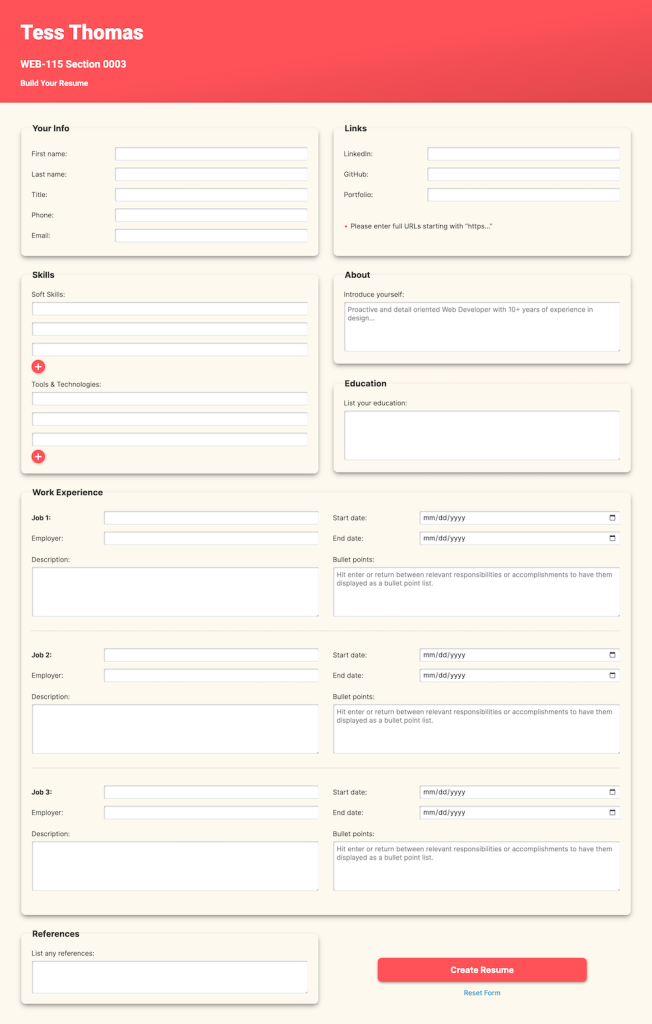 Resume generator web app form page.