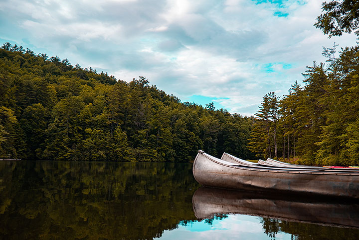 Three grey canoes on a lake surrounded by trees.