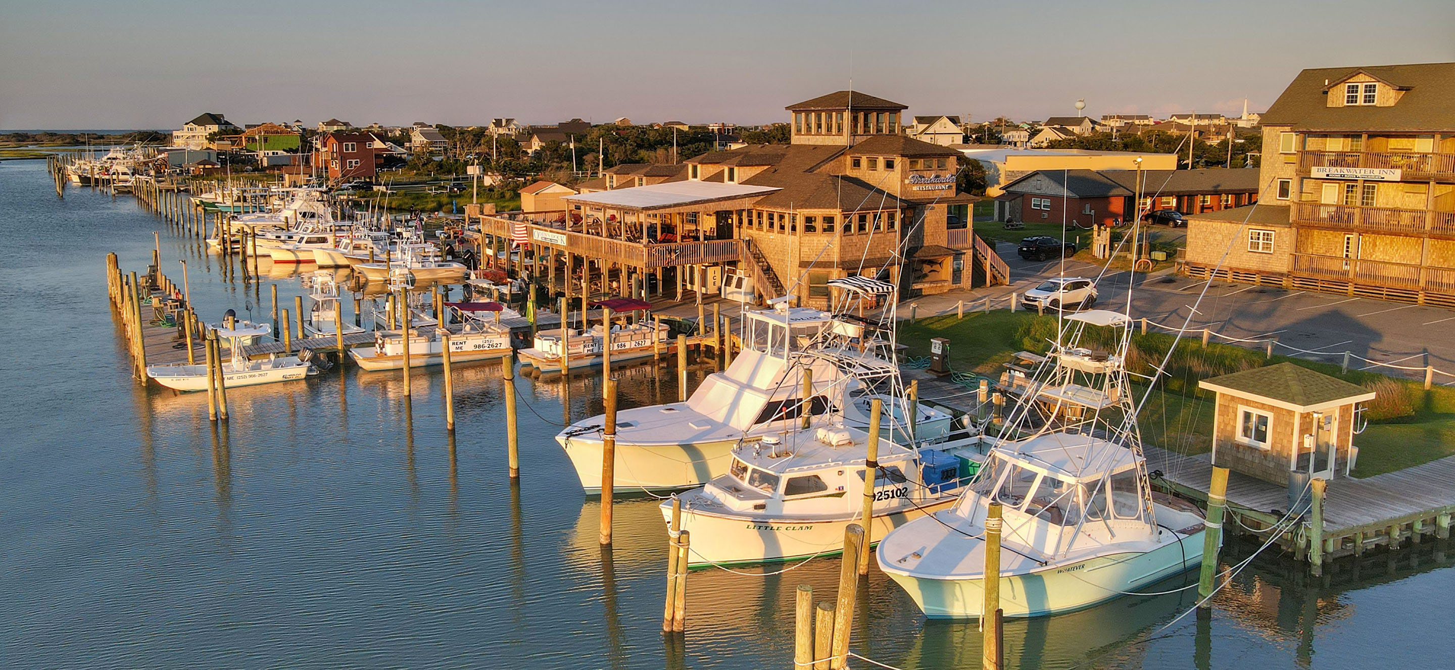 Aerial view boats docked on an island in North Carolina
