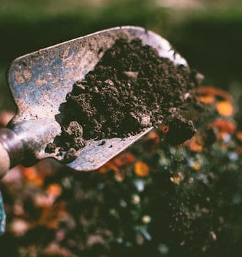 Person digging in the soil using a garden trowel