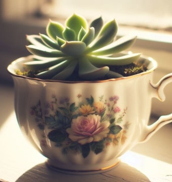 Succulent plant inside teacup