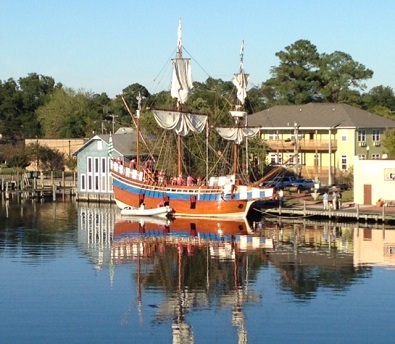 Lifesize pirate ship floating in peer