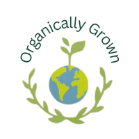 Organically Grown: Planet Earth with sprout coming out of top and leaves surrounding sides