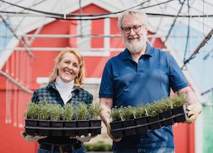 Owners of Sprout and Grow, Bob and Sue Smith, holding trays of plants