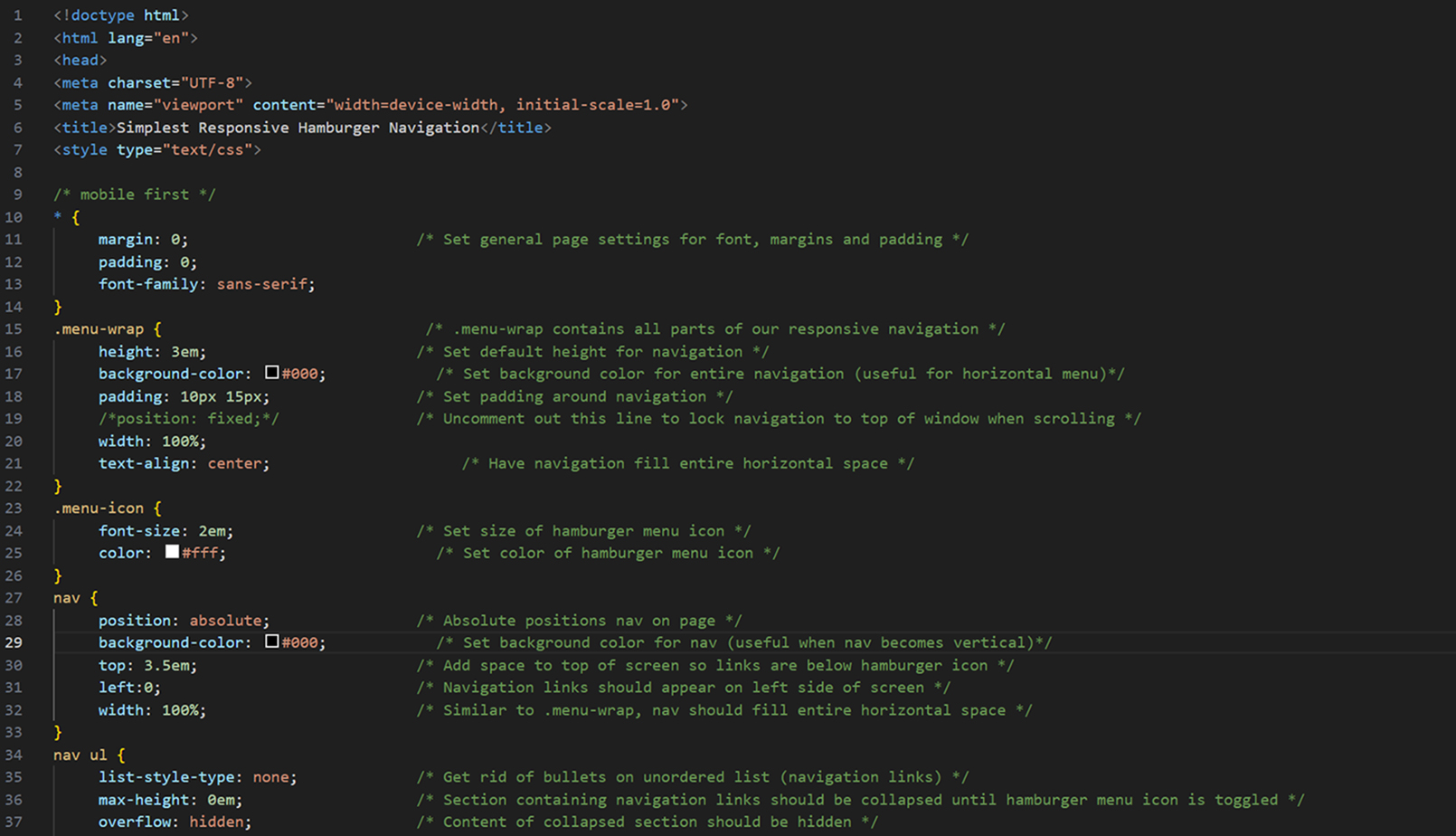 Screenshot of multiple lines of HTML that have comments explaining what various parts of the markup do.