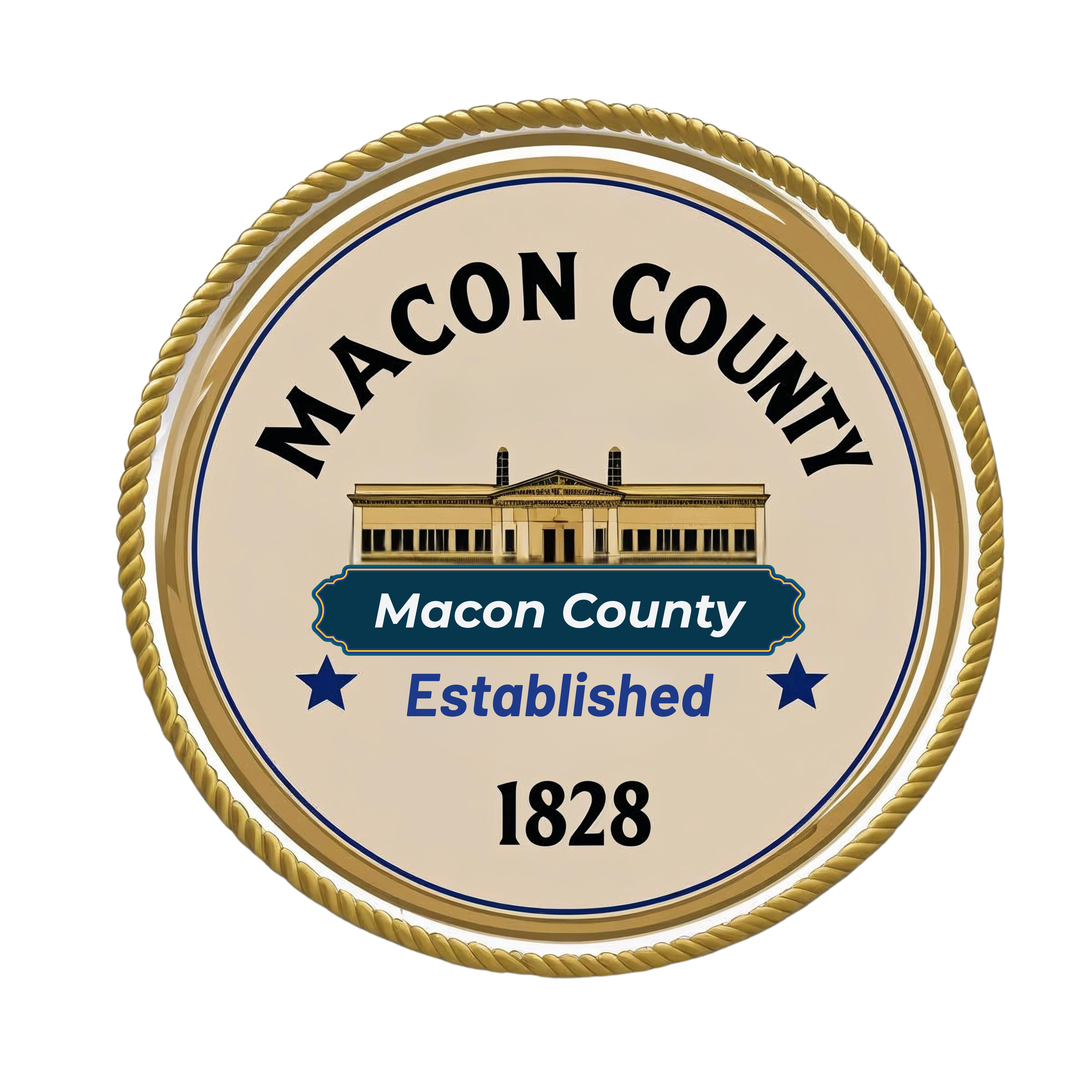 Macon County official seal showing courthouse and established 1828