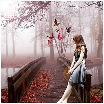 A young lady on a bridge with colorful butterflies around