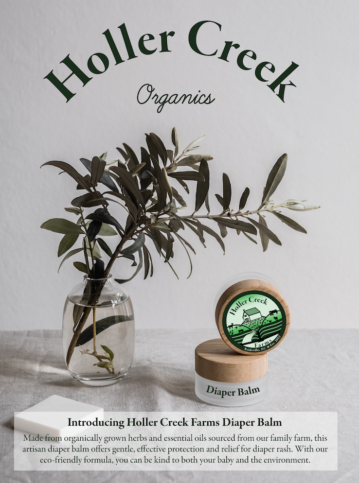 Social Media post with picture of diaper balm on a tan tablecloth next to a plant