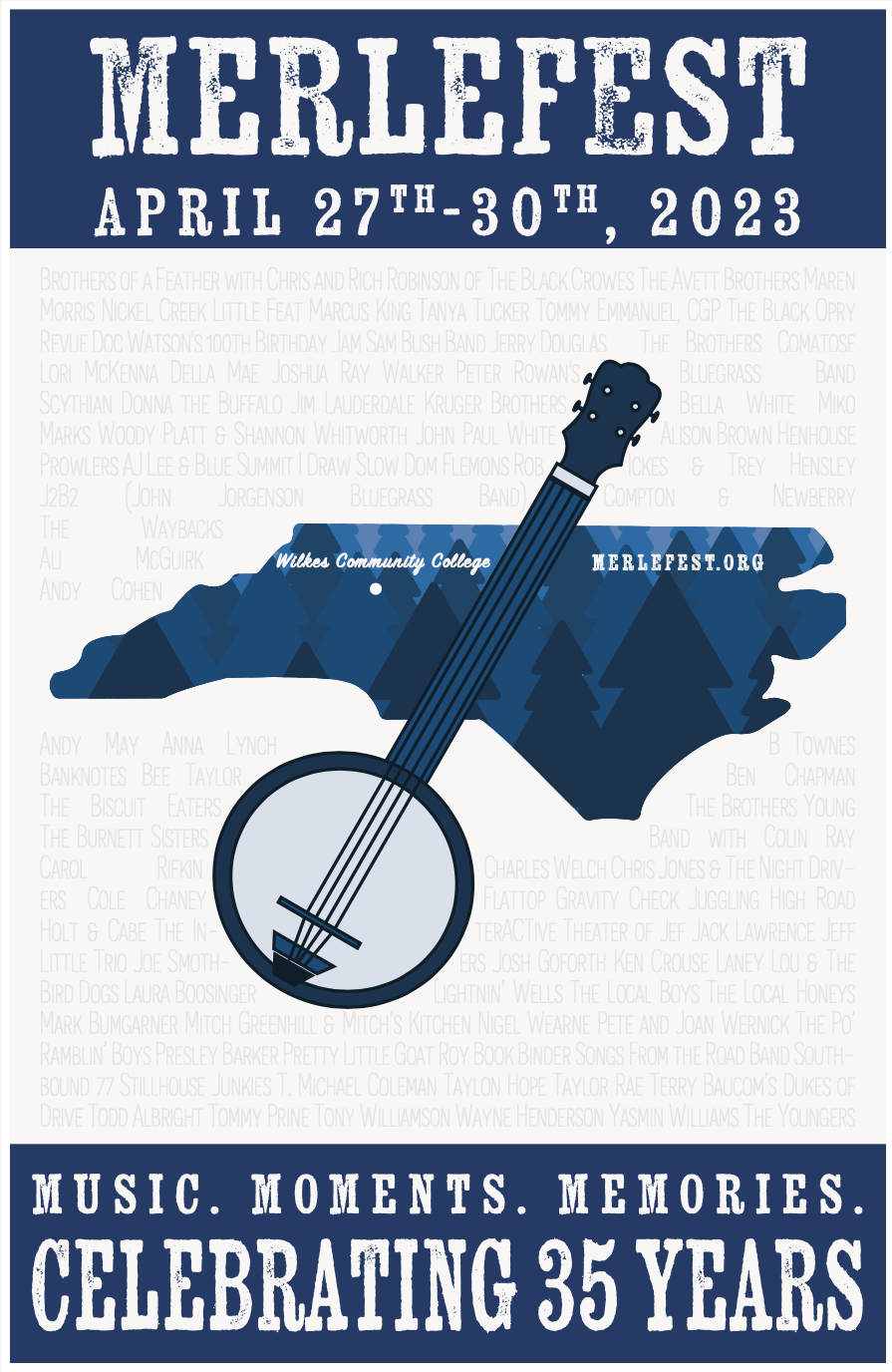 Music poster with banjo over the state of North Carolina and the names of the artist playing in the background