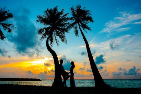 couple on beach at sunset between two palm tree