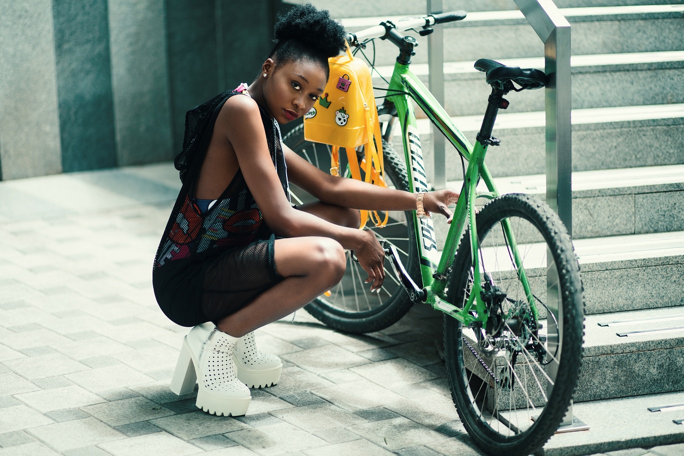 person next to a Casual bike in the city