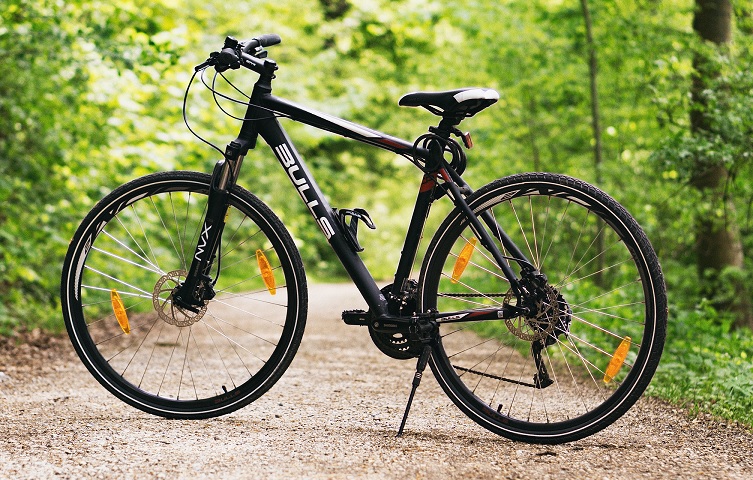 bike placed on a road with forest around