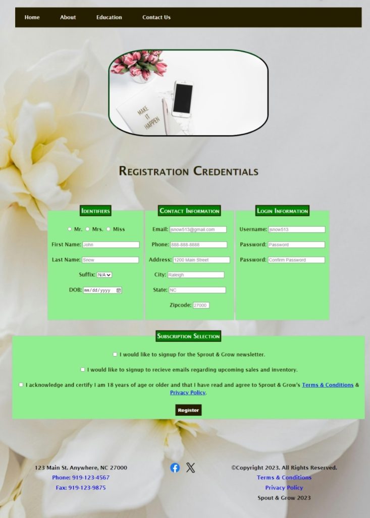 Image of Registration Webpage.