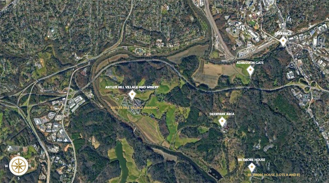 An aerial satellite map of the biltmore Estate with several locations marked.