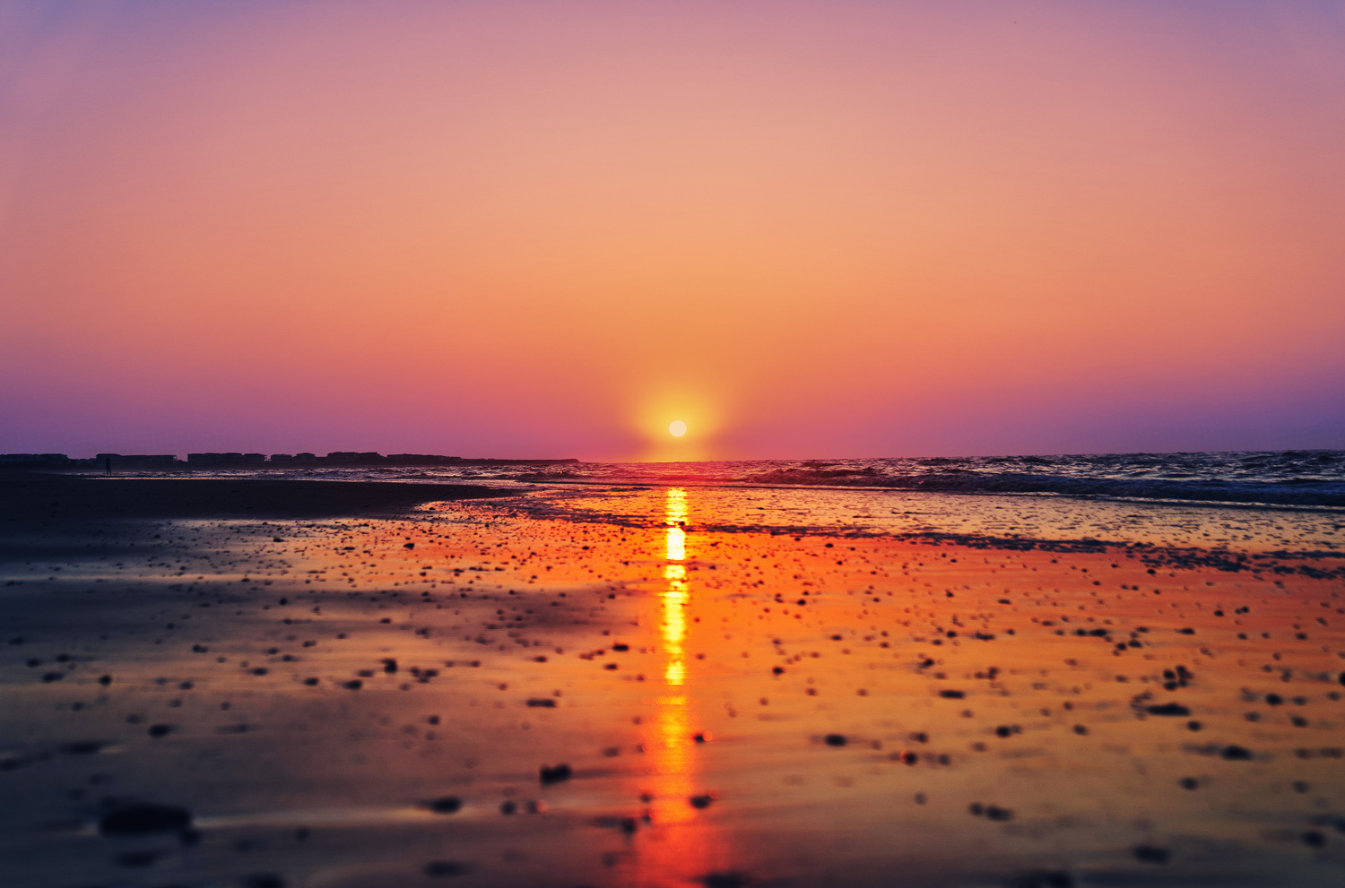 a low sunset over the ocean and wet sand