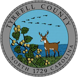 Tyrell County's Official seal which features a stag standing by a berry-bush and a body of water, over which a flock of geese is flying. The text around the image reads: Tyrrell County, North Carolina, 1729.