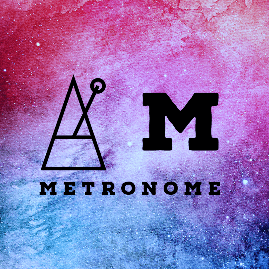 Metronome Logo With Metronome Icon, Uppercase M and the word 'Metronome' on a cosmic background