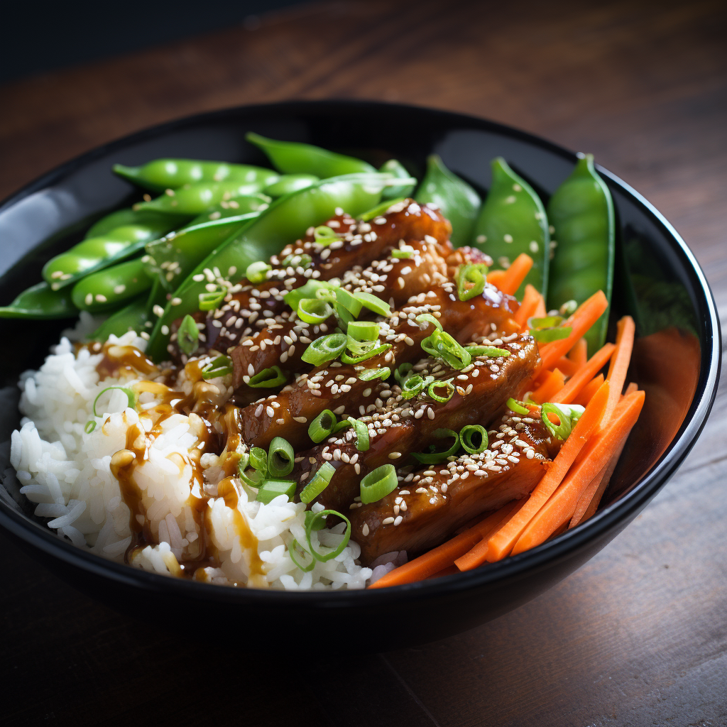 Teriyaki chicken rice bowl with snap peas and carrots
