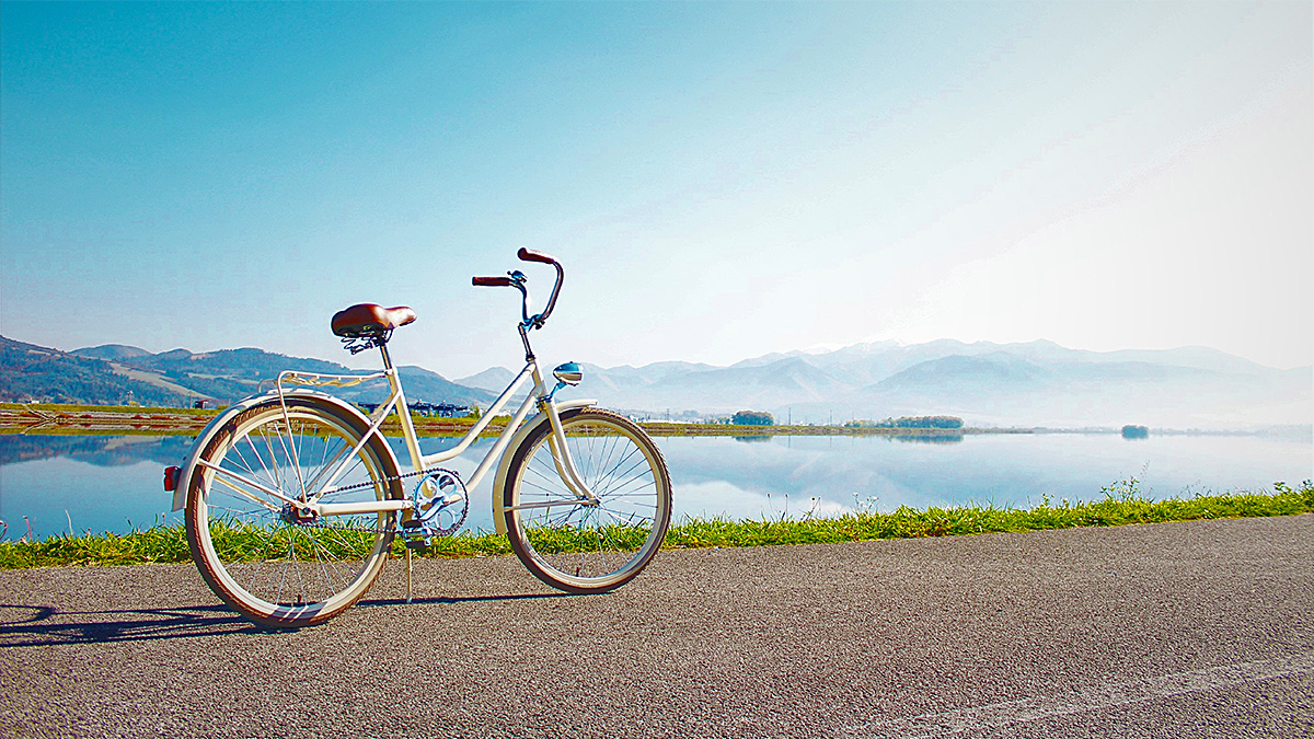 gray commuter bike parked on road beside sea