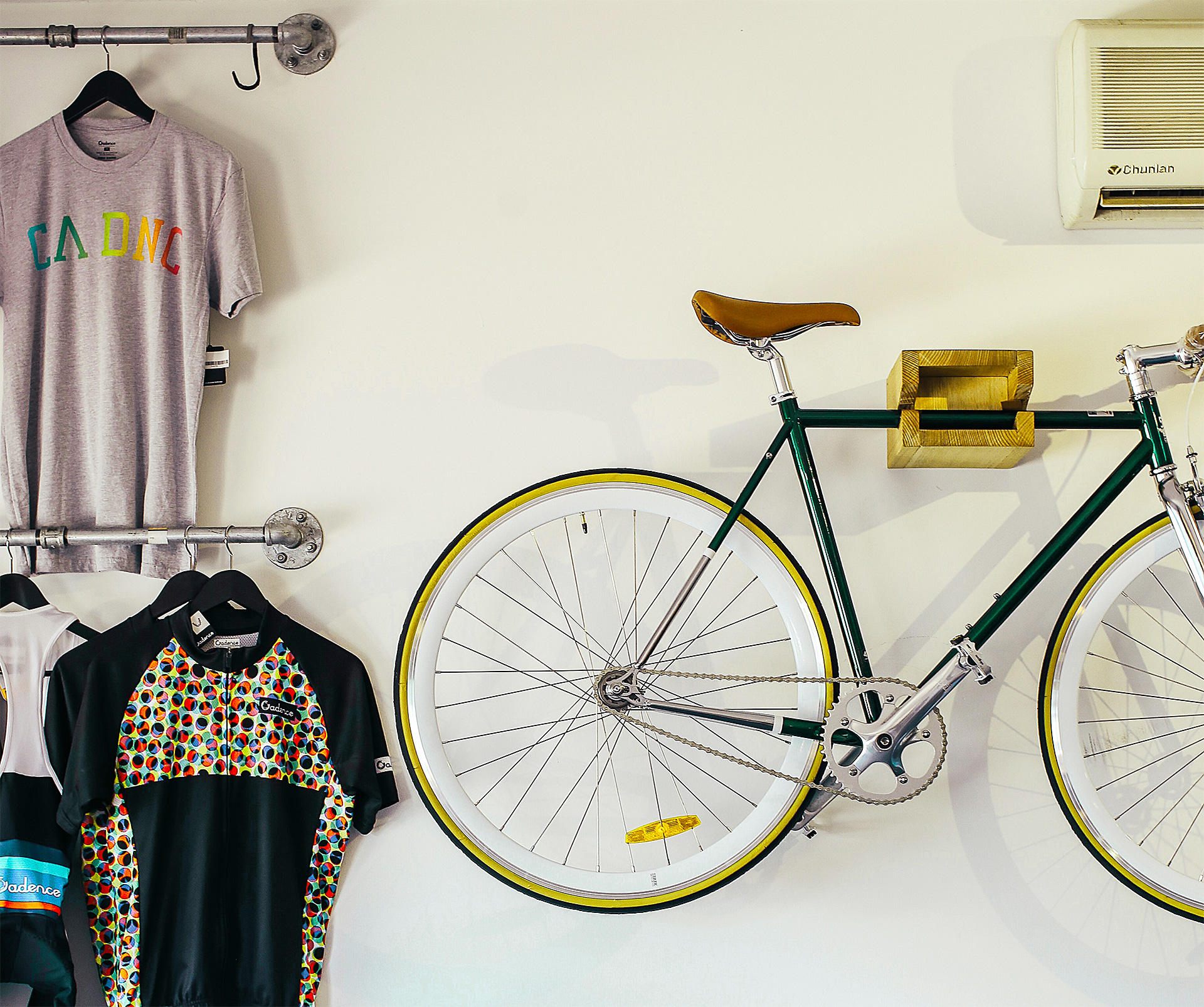 bicycles on the wall with clothes
